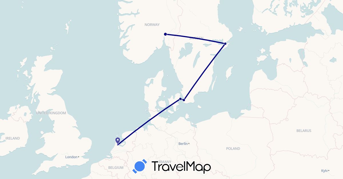 TravelMap itinerary: driving in Denmark, Netherlands, Norway, Sweden (Europe)